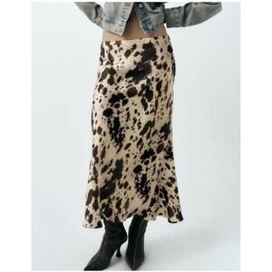 NEW Zara Satin Cow Print High Waist Midi Skirt Brown White Size Small Silky